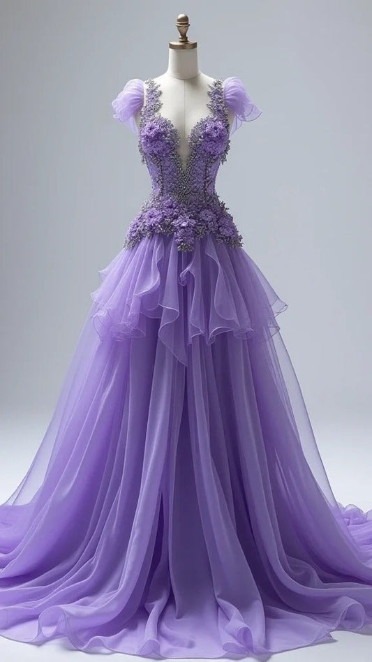 Chic Purple Prom Dress Sweetheart Beaded Tulle A-Line Evening Dress DP05110