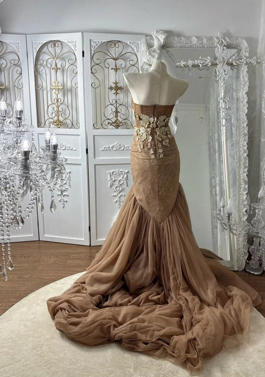 Gorgeous Chocolate Brown Prom Dress Tulle Applique Mermaid Evening Dress  DP05114