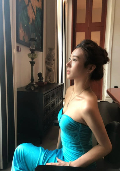 Sexy Blue Prom Dress Chiffon Strapless Sheath Evening Dress DP05117