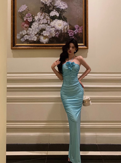 Elegant Sheath Halter Blue Sleeveless 21st Birthday Dress Party Gown Birthday Outfits Birthday Dress Ideas For Women DP1386