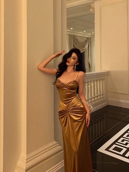 Elegant Mermaid Gold Satin 21st Birthday Dress Party Gown Birthday Outfits Birthday Dress Ideas For Women DP1450