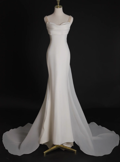 Simple Bridal Gown Mermaid Spaghetti Straps Satin White Wedding Dresses Minimalist Bridal Gowns DP1659