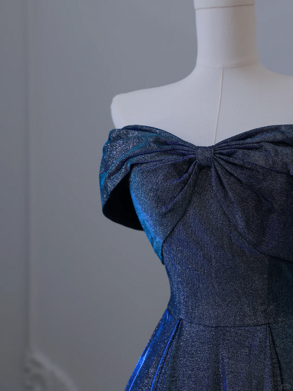 Elegant Navy Blue Off Shoulder A-Line Long Formal Prom Dress Birthday Outfits, D909