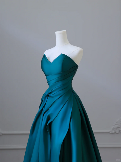 Elegant Green Strapless A-Line Satin Long Formal Evening Party Dresses, D910
