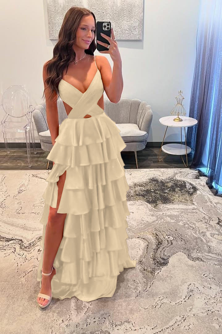 Stunning Red Spaghtti Strap V Neck Sleeveless Split Prom Dress with Ruffles