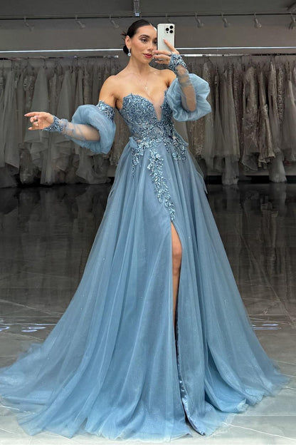 Charming Dusty Blue Tulle Strapless Long Sleeves Applique Prom Dress with Split