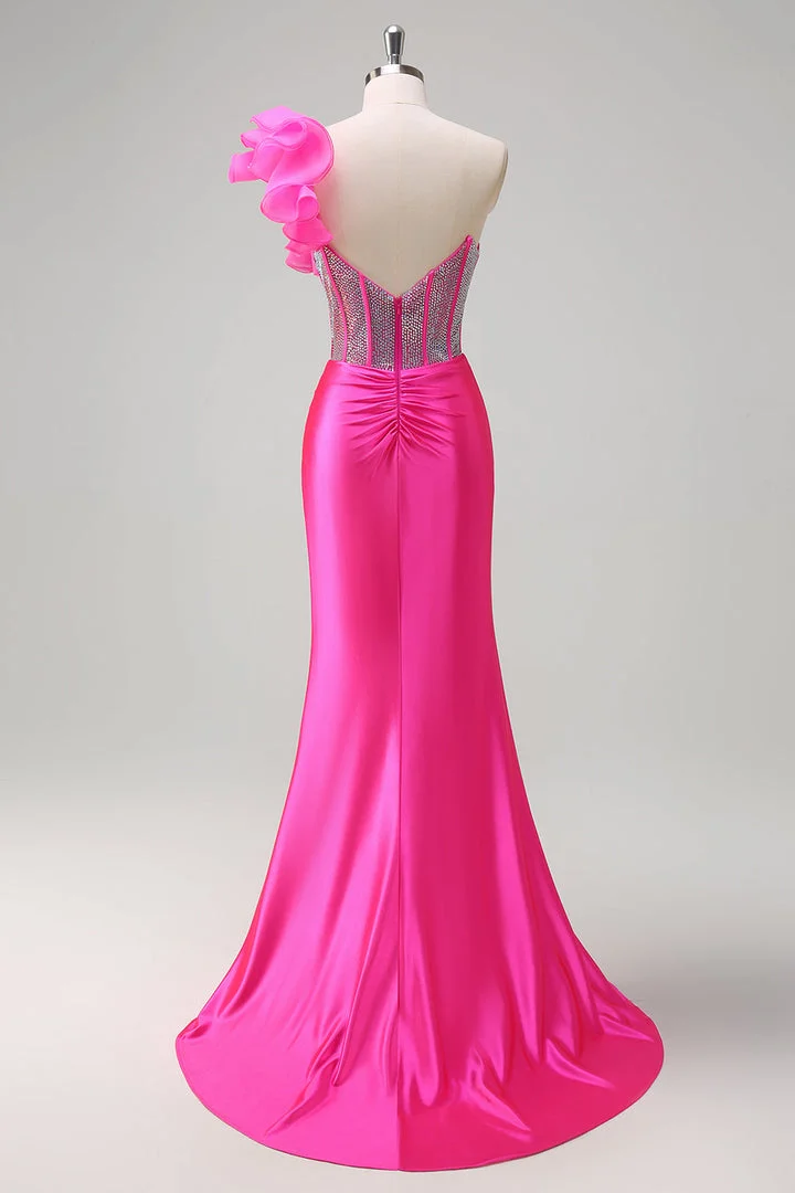 Strapless Handmade Flower Backless Mermaid Slit Prom Dress With Beading