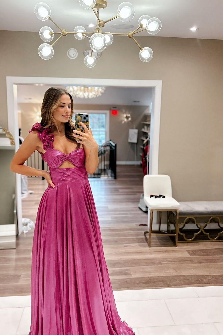 Charming Fuchsia Sleeveless One Shoulder Long Pleated Prom Dress with Split