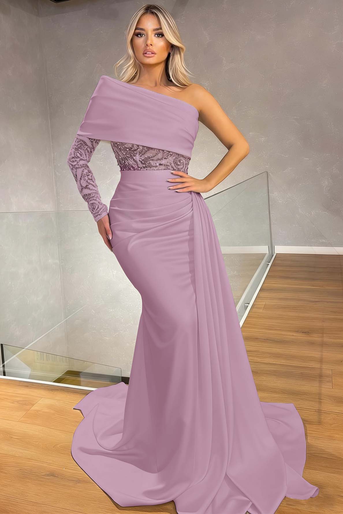Sexy One Shoulder Long Sleeve Mermaid Evening Dress With Ruffles Sequins