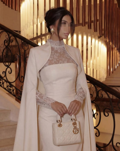 Stunning White Long Sleeves High Neck Lace Mermaid Evening Dress