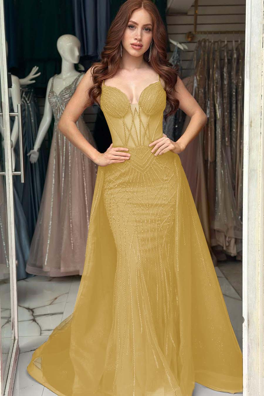 Elegant Red Sequins Spaghtti Strap Sleeveless Sweetheart Prom Dress with Detachable Train