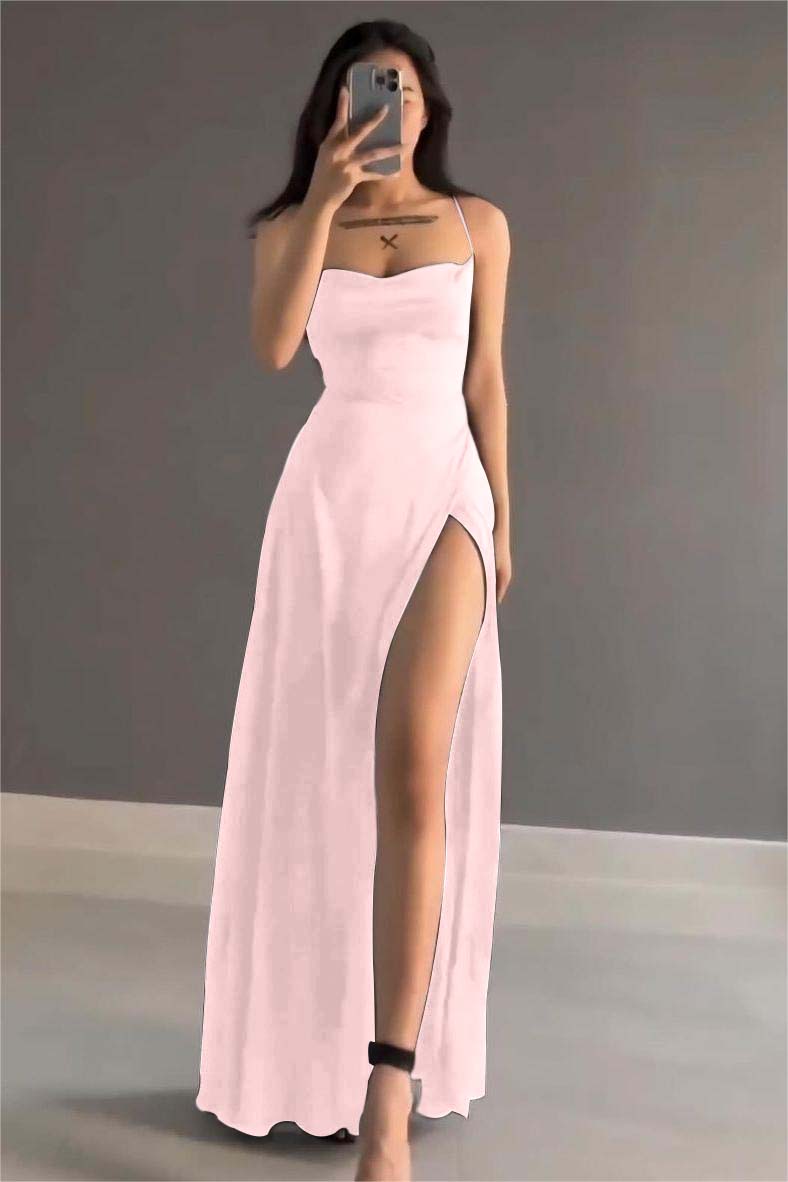 Simple Black Satin Spaghetti Strap Sleeveless Long Prom Dress with Split