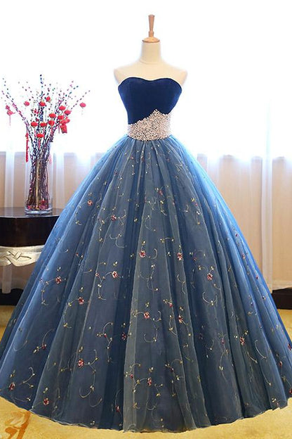Royal Blue Sweetheart Ball Grown Evening Dress Pearl With Appliques Sleeveles