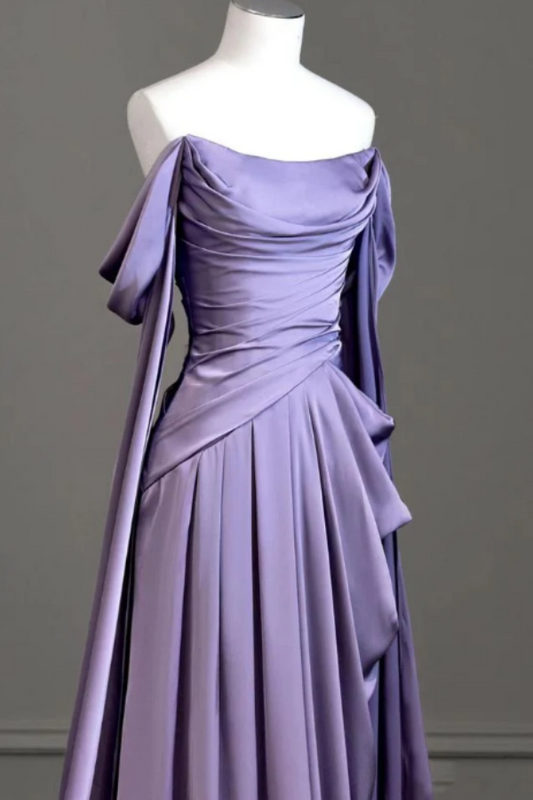 Sleeveless Off-The-Shoulder Pleated Long Prom Dress With Trailing On Both Sides