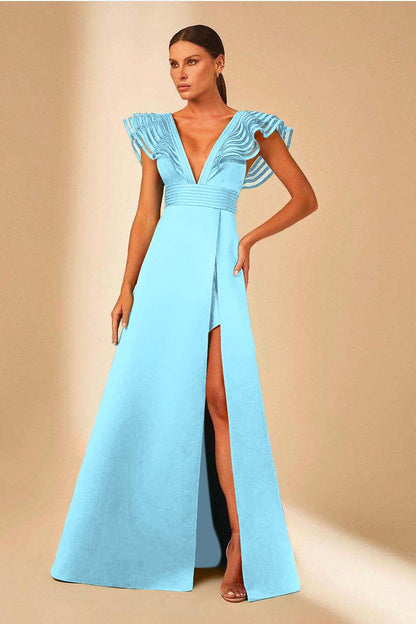 Charming Satin Spaghetti Strap Sleeveless V Neck Long Prom Dress with Split