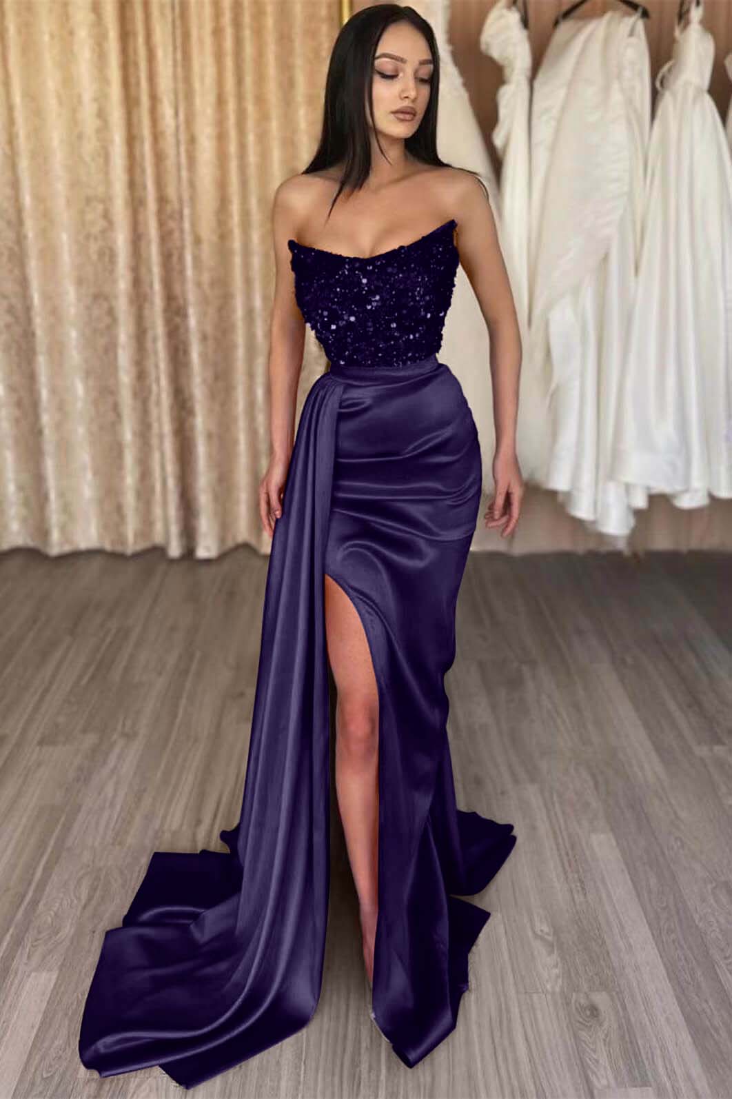 Red Strapless Elegant Long Sequins Prom Dress Mermaid Slit