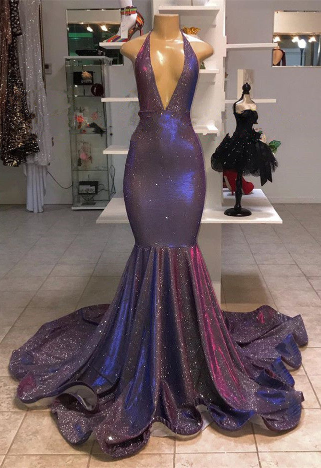 V-Neck Mermaid Evening Dress Halter With Sequins