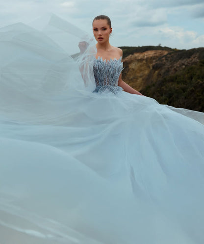 Gorgeous Blue Tulle Strapless Sleeveless Beaded Pleated Prom Dress