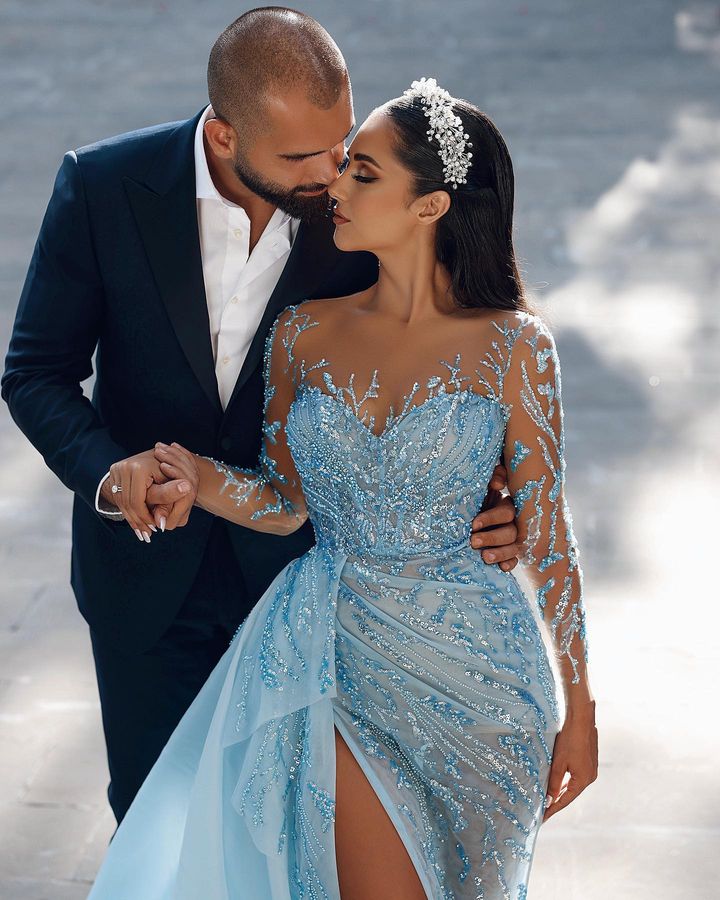 Stunning Sky Blue Long Sleeves Evening Dress Mermaid Split Long With Ruffles Beads