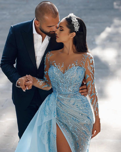 Stunning Sky Blue Long Sleeves Evening Dress Mermaid Split Long With Ruffles Beads