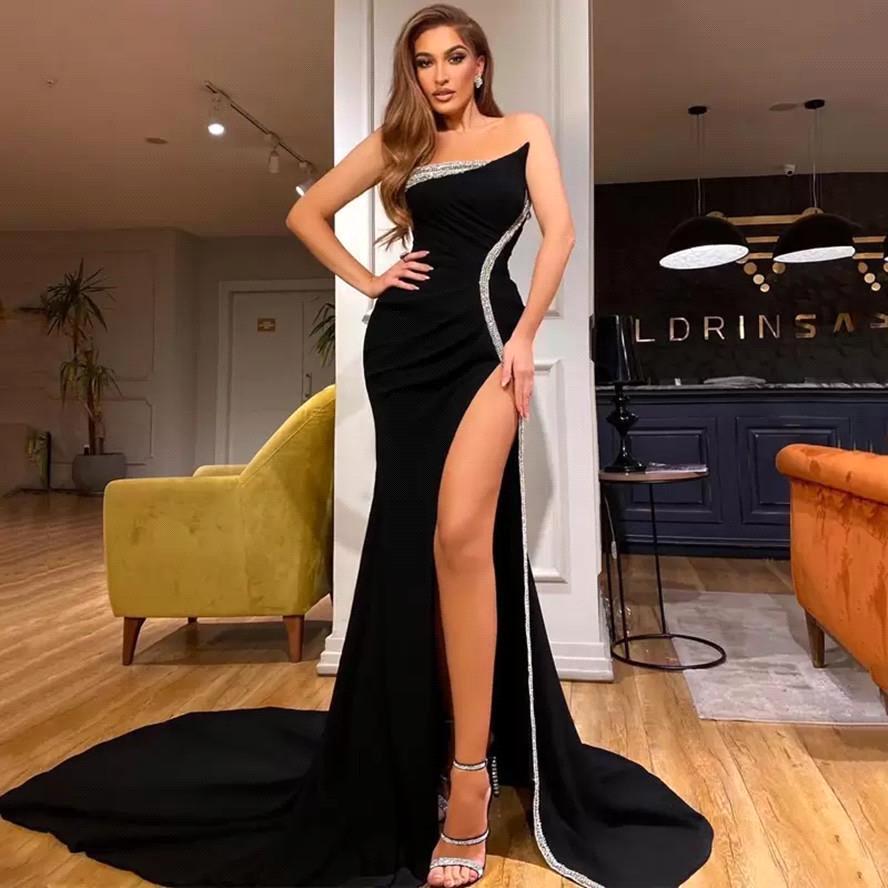 Mermaid Strapless Black Prom Dress Slit
