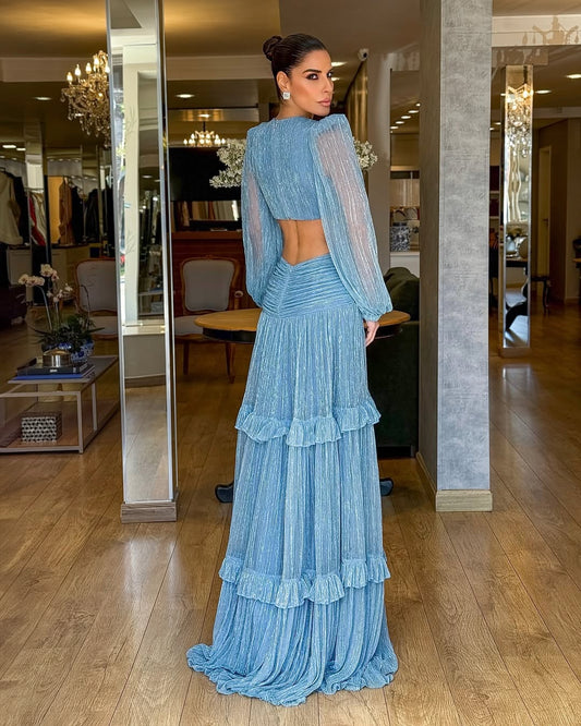 Elegant Blue Chiffon V Neck Ruffles Long Sleeves Prom Dress with Pleated