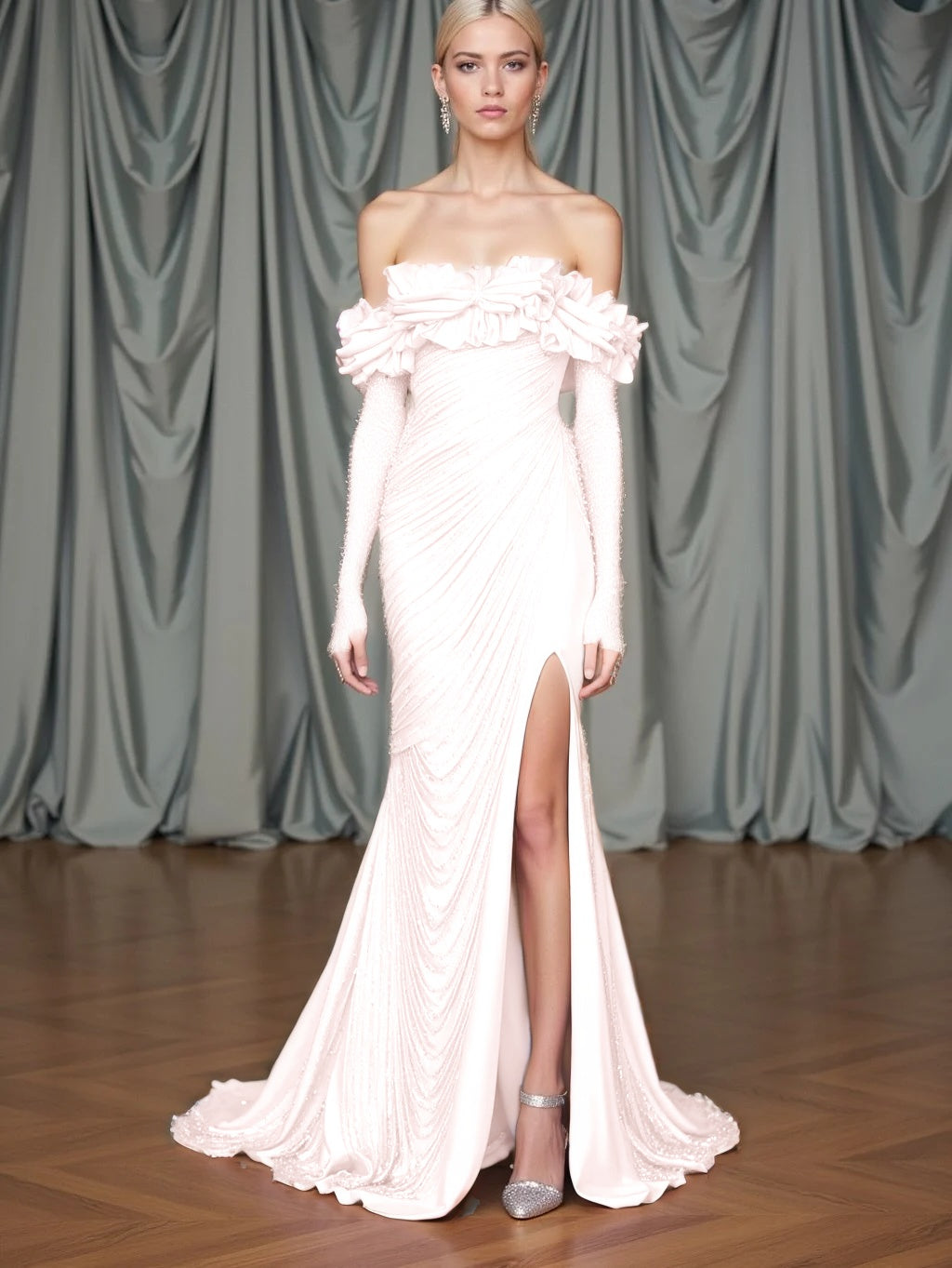Long Sleeves Strapless Mermaid Slit Prom Dress With Sequins