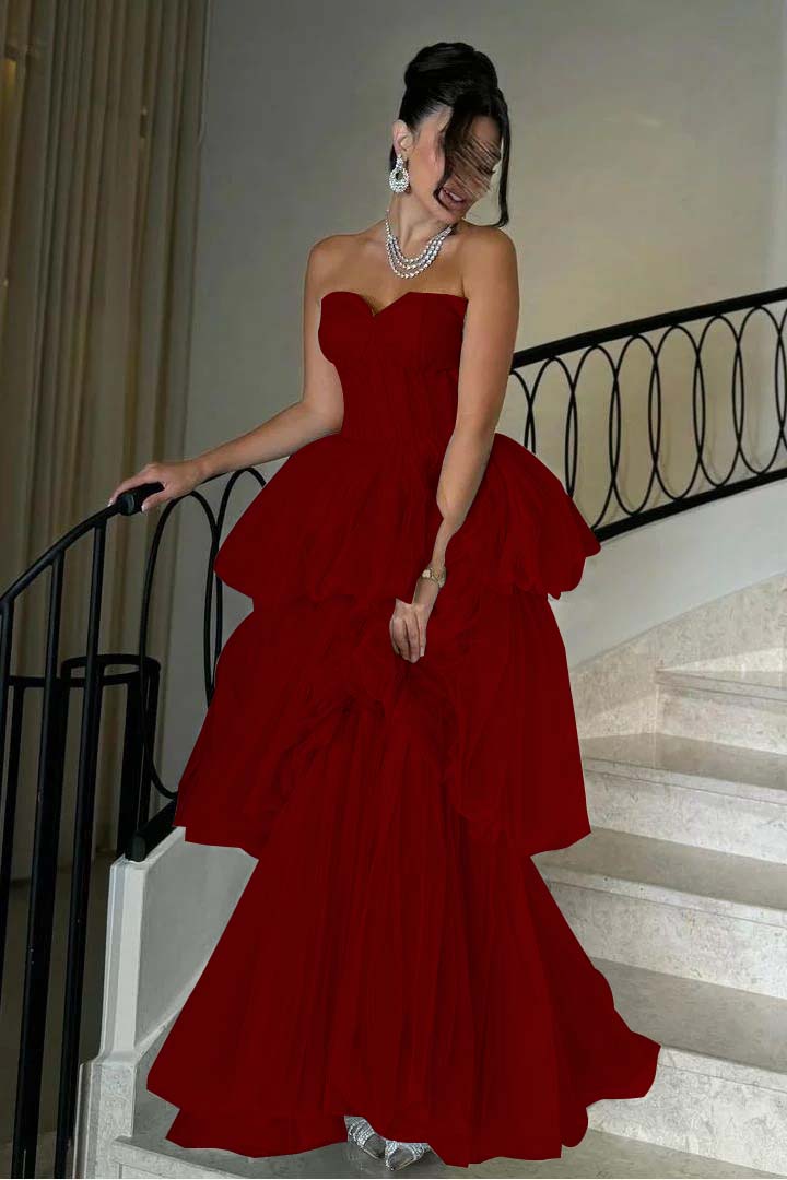 Sleeveless Sweetheart Strapless A Line Long Prom Dress With Tulle