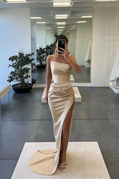 Sleeveless Mermaid Strapless Long Slit Evening Dress