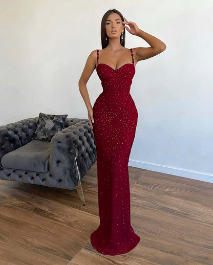 Chic Sleeveless Mermaid Beading Spaghetti Strap Black Prom Dress