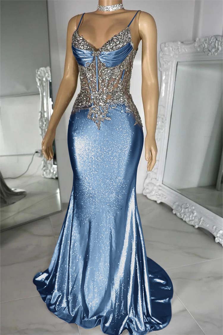 Spaghetti Strap Sleeveless V-Neck Mermaid Long Prom Dress With Sequins