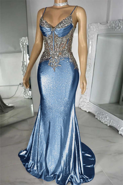 Spaghetti Strap Sleeveless V-Neck Mermaid Long Prom Dress With Sequins