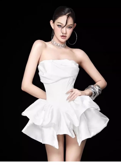 Cute White Strapless Ruffled Hem Design A-line Satin Party Dress Homecoming Dress, D1393