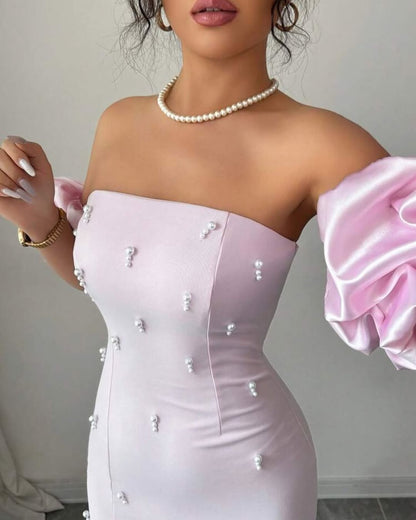 Chic Pink Strapless Beaded Bubble Sleeves Split Prom Dress with Pearl