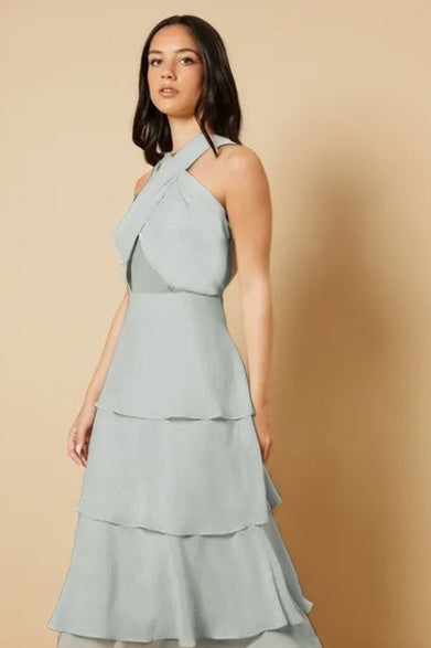 Sleeveless Halter Straps A Line Long Ruffles Prom Dress