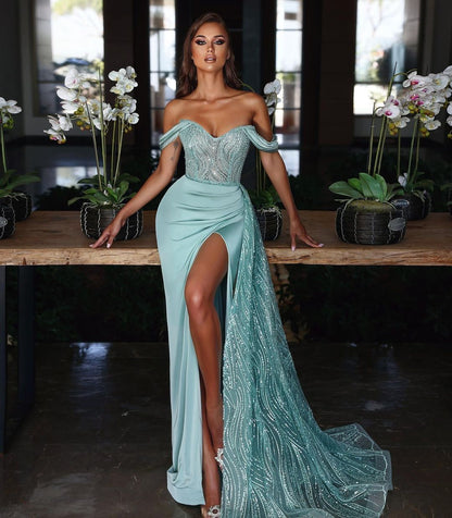 Ligth Blue Off-the-shoulder Mermaid Evening Dress Long Slit with Sequins Ruffles