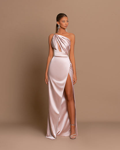 Light Pink One-Shoulder Mermaid Prom Dress With Split For Party