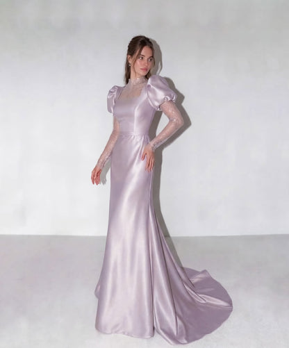 Elegant Short Sleeves Square Mermaid Long Evening Dress With Lace