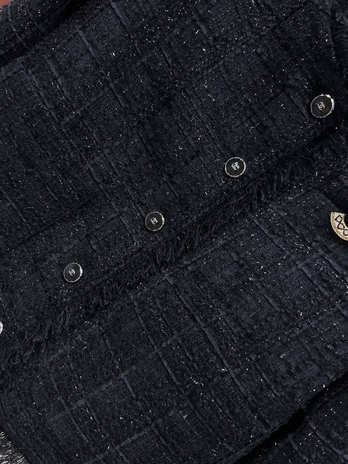 CC 25 Tweed Short Fringed Black Jacket 304699