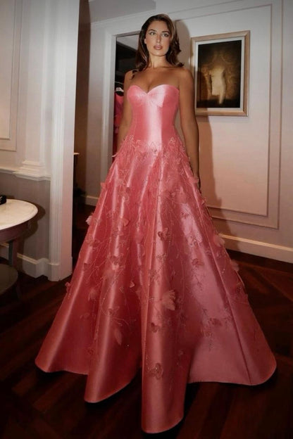 Glamorous Satin Sleeveless Strapless Applique Prom Dress with Sequins