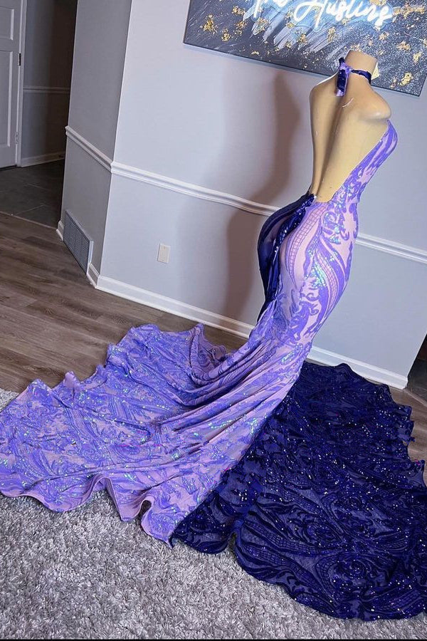 Purple Halter Beaded Sequins Mermaid Prom Dress With Appliques