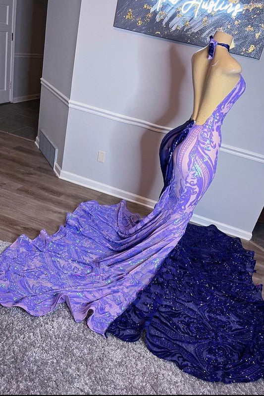 Purple Halter Beaded Sequins Mermaid Prom Dress With Appliques