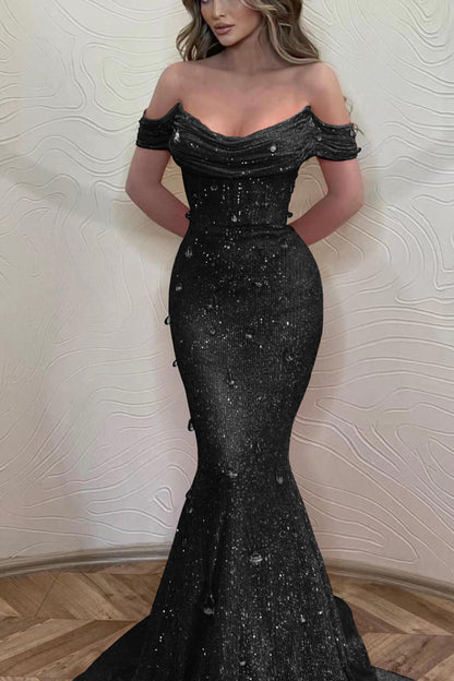 Orange Off-The-Shoulder Prom Dress With Sequins Mermaid