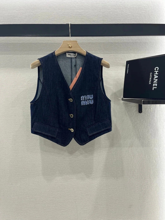 MIUMIU V-NECK BLAZER AND WIDE-LEG PANTS IN BLUE DENIM