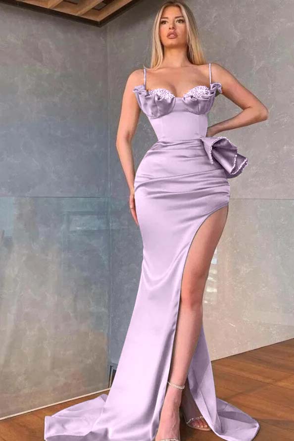 Dusty Sage Spaghetti-Straps Prom Dress Mermaid Split With Beadings Ruffles