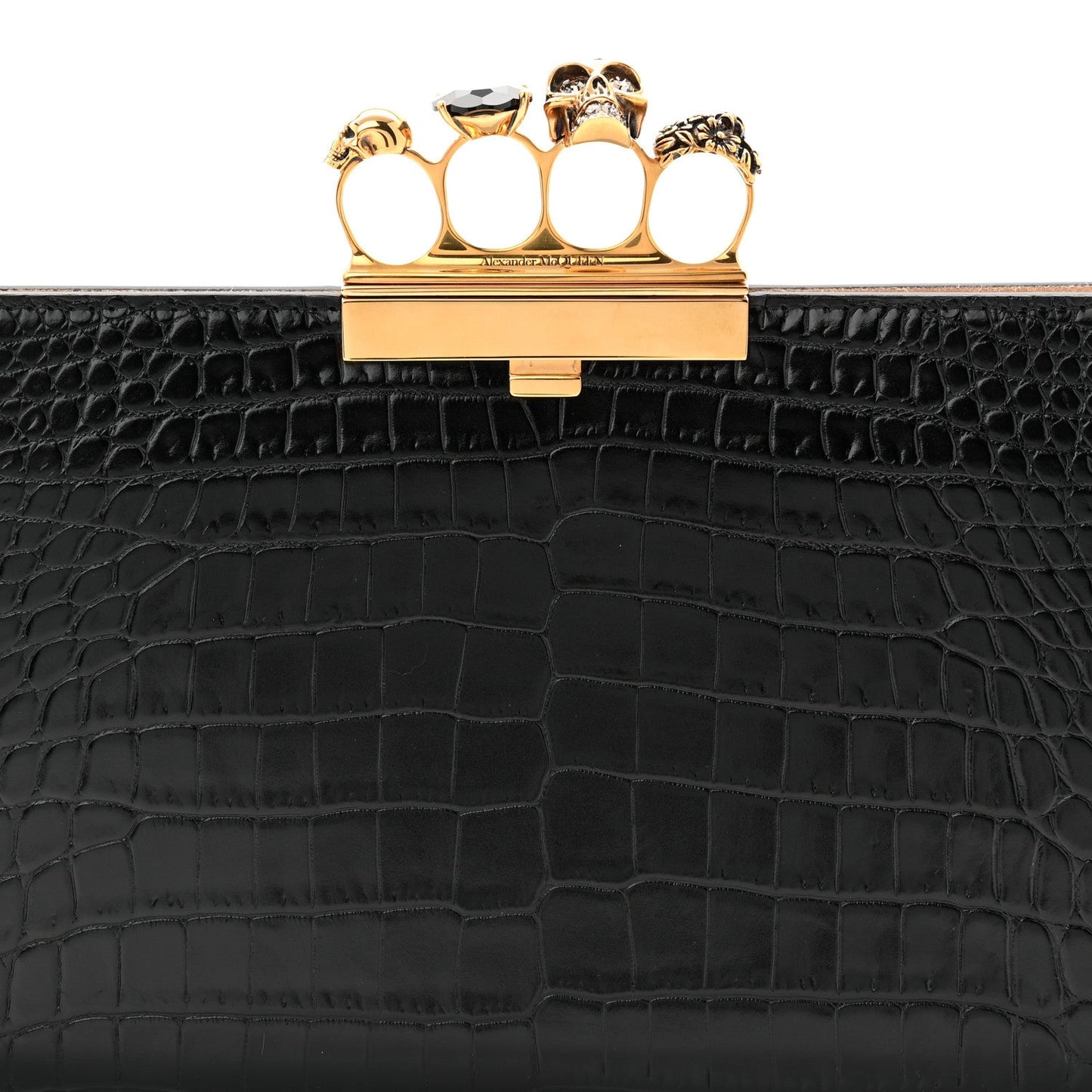 Calfskin Crocodile Embossed Knuckle Flat Clutch Black Gold