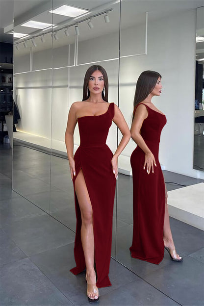 Elegant One Shoulder Sleeveless Mermaid Evening Dress Long Slit