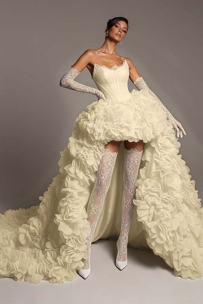 Sleeveless Strapless A Line Embroidery Pleated Prom Dress With Gloves