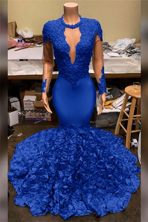 Elegant Mermaid V-Neck Prom Dress Appliques Long Sleeves With Flowers Bottom