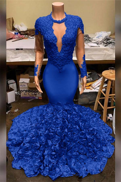 Elegant Mermaid V-Neck Prom Dress Appliques Long Sleeves With Flowers Bottom